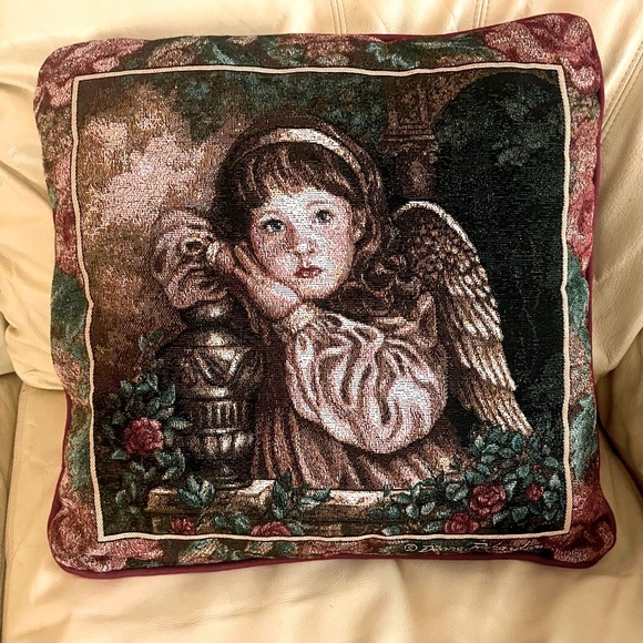 Christmas Tapestry Pillow Little Angel Girl Red Roses 16x16” by Donna Richardson - Picture 3 of 5